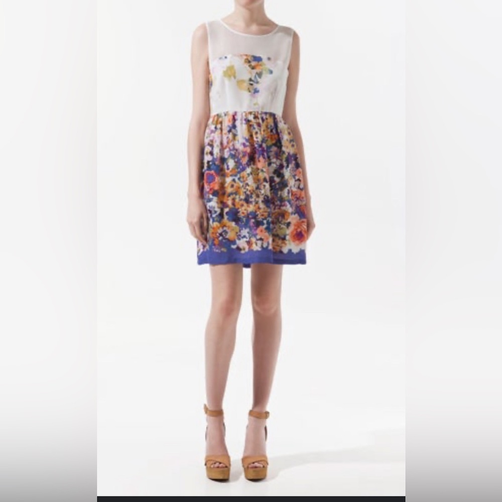 Zara Combined Crepe Dress With Flowers